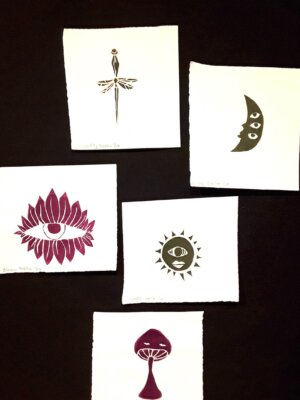 Stella L. - "Moon", "Mush", "Dragon Fly","Eyes", silkscreens Printmaking Final Projects